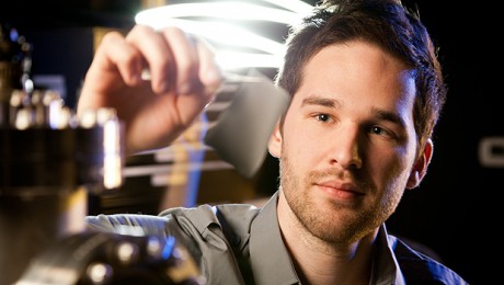 Corey Hewitt works with a sample of thermoelectric fabric Power Felt – a promising new device that convert body heat into an electrical current